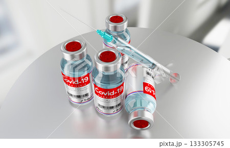 Covid 19, SARS CoV 2, coronavirus vaccine vials and syringe - 3D illustration Covid 19, SARS CoV 2, coronavirus vaccine vials and syringe - 3D illustration 133305745
