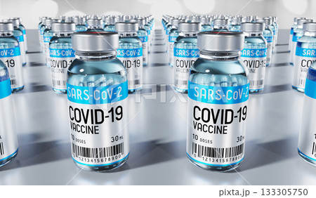 Covid 19, SARS CoV 2, many coronavirus vaccine vials - 3D illustration 133305750