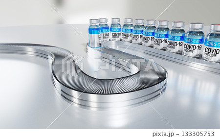 Covid 19, SARS CoV 2, coronavirus vaccine vials on production line - factory concept - 3D illustration Covid 19, SARS CoV 2, coronavirus vaccine vials on production line - factory concept - 3D illustration 133305753