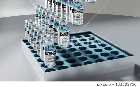 Covid 19, SARS CoV 2, box with coronavirus vaccine ampoules - 3D illustration 133305756