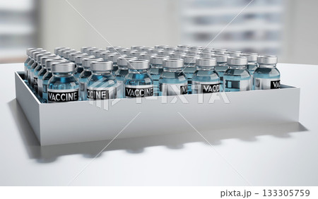 Covid 19, SARS CoV 2, box with coronavirus vaccine ampoules - 3D illustration 133305759