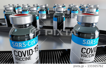 Covid 19, SARS CoV 2, coronavirus vaccine vials on production line - factory concept - 3D illustration Covid 19, SARS CoV 2, coronavirus vaccine vials on production line - factory concept - 3D illustration 133305762
