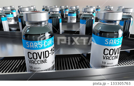 Covid 19, SARS CoV 2, coronavirus vaccine vials on production line - factory concept - 3D illustration 133305763
