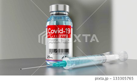 Covid 19, SARS CoV 2, coronavirus vaccine vial and syringe - 3D illustration 133305765