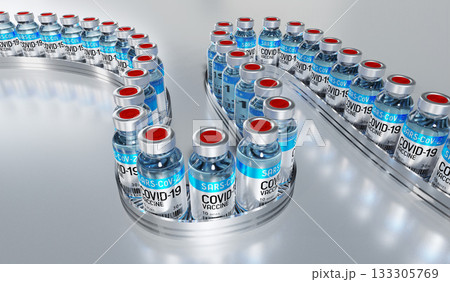 Covid 19, SARS CoV 2, coronavirus vaccine vials on production line - factory concept - 3D illustration 133305769