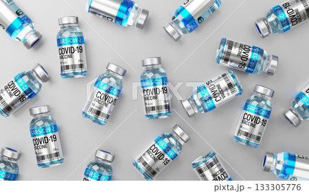 Covid 19, SARS CoV 2, coronavirus vaccine ampoules isolated on grey background - 3D illustration 133305776
