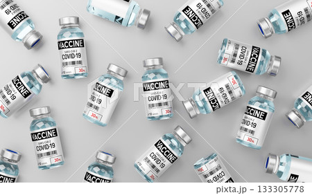 Covid 19, SARS CoV 2, coronavirus vaccine ampoules isolated on grey background - 3D illustration Covid 19, SARS CoV 2, coronavirus vaccine ampoules isolated on grey background - 3D illustration 133305778