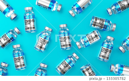 Covid 19, SARS CoV 2, coronavirus vaccine ampoules isolated on blue background - 3D illustration 133305782