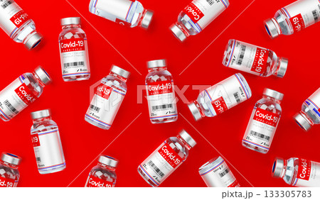 Covid 19, SARS CoV 2, coronavirus vaccine ampoules isolated on red background - 3D illustration 133305783