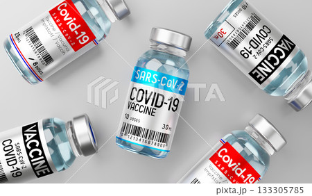 Covid 19, SARS CoV 2, coronavirus vaccine ampoules isolated on grey background - 3D illustration Covid 19, SARS CoV 2, coronavirus vaccine ampoules isolated on grey background - 3D illustration 133305785