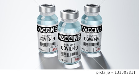 Three covid-19, SARS-CoV-2, coronavirus vaccine ampoules isolated on grey background - 3D illustration Three covid-19, SARS-CoV-2, coronavirus vaccine ampoules isolated on grey background - 3D illustration 133305811