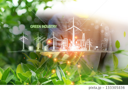 green industry eco power for sustainable energy saving environmental friendly low carbon footprint, green factory industry for good environment ozone air low carbon footprint production concept. 133305836