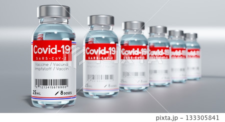 Many covid-19, SARS-CoV-2, coronavirus vaccine ampoules, selective focus - 3D illustration 133305841
