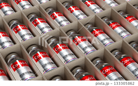 Covid-19, SARS-CoV-2, coronavirus vaccine ampoules in a box - 3D illustration 133305862