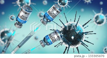Covid-19, SARS-CoV-2, coronavirus vaccine ampoules and syringes, virus cells in background - 3D illustration 133305870