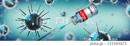 Covid-19, SARS-CoV-2, coronavirus vaccine ampoule and syringe, virus cells in background - 3D illustration 133305871