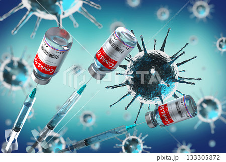 Covid-19, SARS-CoV-2, coronavirus vaccine ampoules and syringes, virus cells in background - 3D illustration 133305872