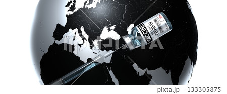 Covid-19, SARS-CoV-2, coronavirus vaccine ampoule and syringe, world map in background - 3D illustration 133305875