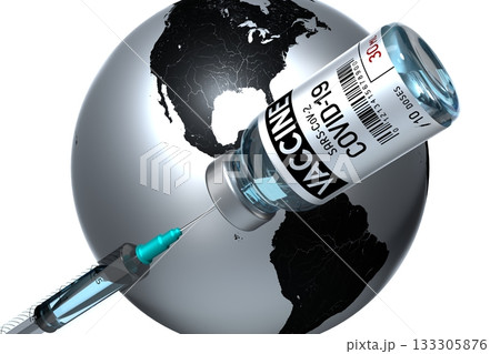 Covid-19, SARS-CoV-2, coronavirus vaccine ampoule and syringe, world map in background - 3D illustration 133305876