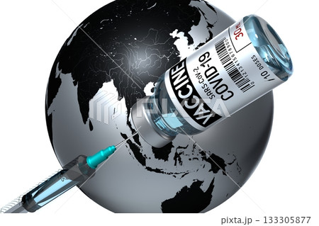 Covid-19, SARS-CoV-2, coronavirus vaccine ampoule and syringe, world map in background - 3D illustration 133305877