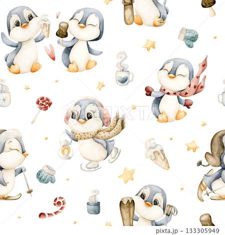 Cute Penguins Winter Fun Sports Seamless Pattern. Watercolor hand drawn illustration isolated on white background for north design Christmas or Valentine holiday print baby cloth kids fabric nursery 133305949