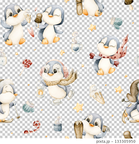 Cute Penguins Winter Fun Sports Seamless Pattern. Watercolor hand drawn illustration isolated on white background for north design Christmas or Valentine holiday print baby cloth kids fabric nursery 133305950