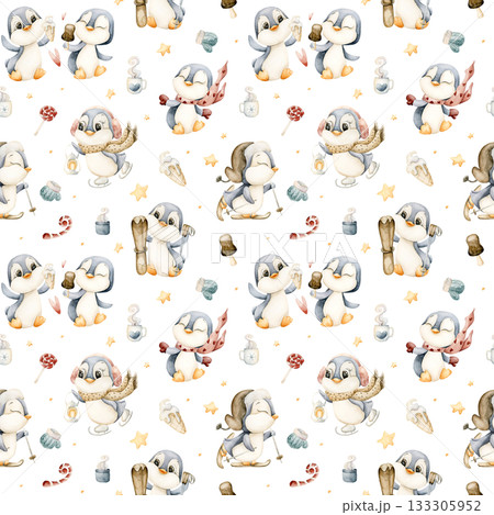 Cute Penguins Winter Fun Sports Seamless Pattern. Watercolor hand drawn illustration isolated on white background for north design Christmas or Valentine holiday print baby cloth kids fabric nursery 133305952