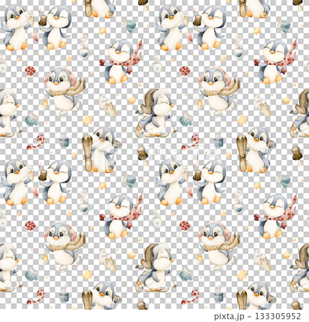 Cute Penguins Winter Fun Sports Seamless Pattern. Watercolor hand drawn illustration isolated on white background for north design Christmas or Valentine holiday print baby cloth kids fabric nursery 133305952