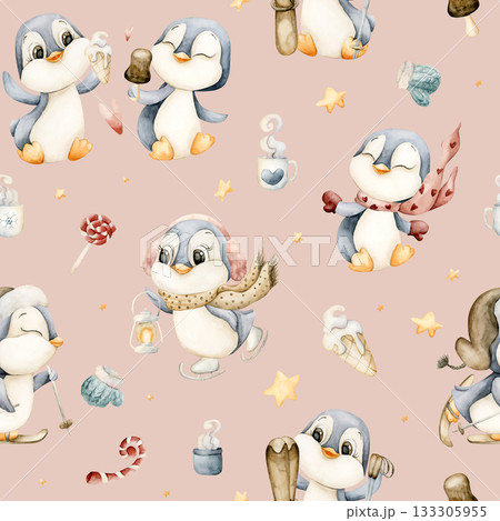 Cute Penguins Winter Fun Sports Seamless Pattern. Watercolor hand drawn illustration isolated on pink background for north design Christmas or Valentine holiday print baby cloth kids fabric nursery 133305955
