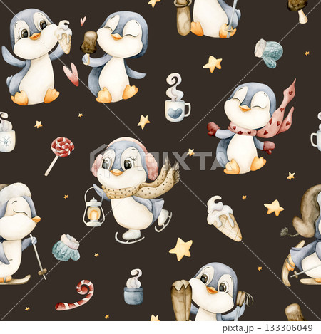 Cute Penguins Winter Fun Sports Seamless Pattern. Watercolor hand drawn illustration isolated on dark background for north design Christmas or Valentine holiday print baby cloth kids fabric nursery 133306049