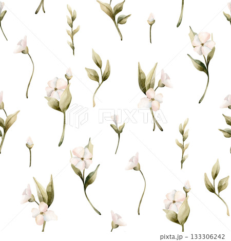 White small flowers with leaves seamless pattern. Jasmine, orange, apple blossom. Watercolor hand painted floral isolated illustration for wedding design home textile cosmetic package wrapping paper White small flowers with leaves seamless pattern. Jasmine, orange, apple blossom. Watercolor hand painted floral isolated illustration for wedding design home textile cosmetic package wrapping paper 133306242