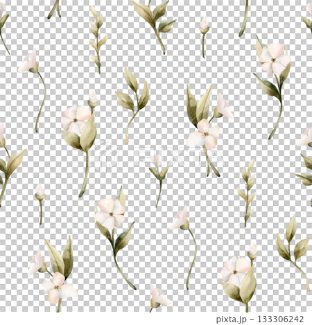 White small flowers with leaves seamless pattern. Jasmine, orange, apple blossom. Watercolor hand painted floral isolated illustration for wedding design home textile cosmetic package wrapping paper White small flowers with leaves seamless pattern. Jasmine, orange, apple blossom. Watercolor hand painted floral isolated illustration for wedding design home textile cosmetic package wrapping paper 133306242