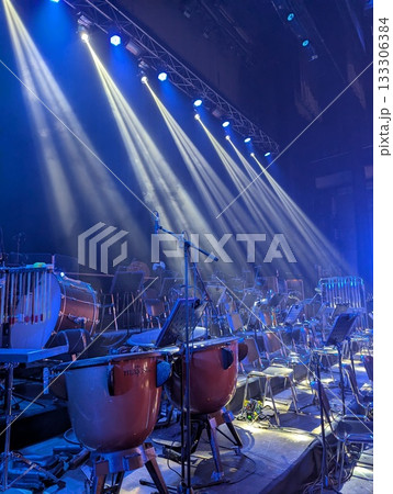 The orchestra's musical instruments are laid out on their workbenches, prepared before the concert. 133306384