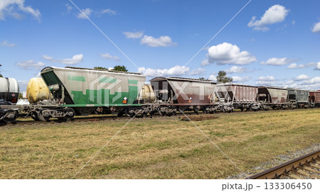 Dry cargo wagon on the railway tracks during a beautiful cloudy sky, railway infrastructure, transport and industrial concept 133306450