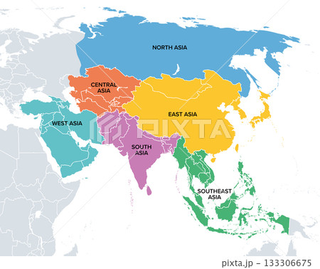 Subregions of Asia, political map. Main regions of continent Asia. North, Central, East, West, South, and Southeast Asia. Ural Mountains and River are the informal boundaries between Asia and Europe. Subregions of Asia, political map. Main regions of continent Asia. North, Central, East, West, South, and Southeast Asia. Ural Mountains and River are the informal boundaries between Asia and Europe. 133306675