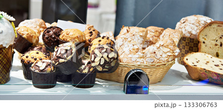 Sweet pastries on counter of  shop 133306763