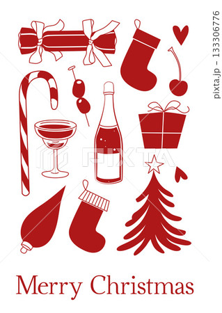 Hand-drawn Christmas card with pine tree, champagne and candy cane, stockings and ornaments in red color 133306776
