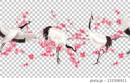 Seamless border of sakura branches and japanese cranes. Watercolor handmade illustration. For fabric, wallpaper, greeting cards, design, decoration and illustration. Seamless border of sakura branches and japanese cranes. Watercolor handmade illustration. For fabric, wallpaper, greeting cards, design, decoration and illustration. 133306911