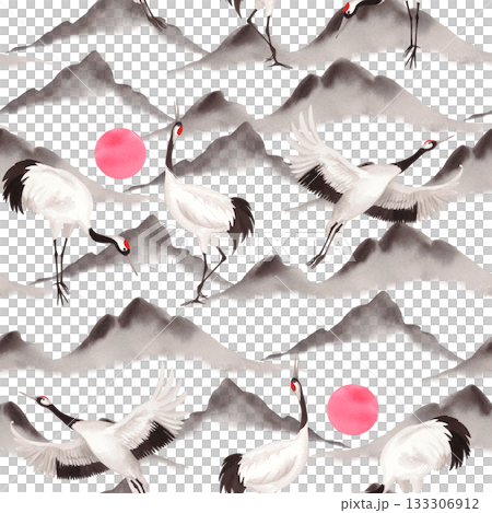Seamless pattern of japanese cranes with the mountains on a background. Watercolor handmade illustration. For fabric, wallpaper, greeting cards, design, decoration and illustration. Seamless pattern of japanese cranes with the mountains on a background. Watercolor handmade illustration. For fabric, wallpaper, greeting cards, design, decoration and illustration. 133306912
