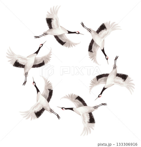 Wreath of flying japanese cranes. Watercolor illustration of crane. Delicate illustration for fabric, wallpaper, greeting cards, design, decoration and illustration. 133306916