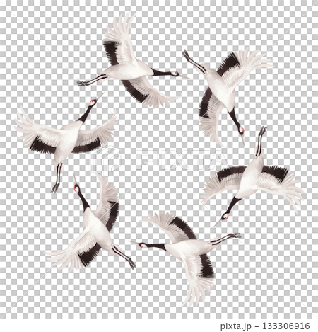 Wreath of flying japanese cranes. Watercolor illustration of crane. Delicate illustration for fabric, wallpaper, greeting cards, design, decoration and illustration. 133306916