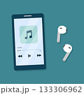 Music player on mobile phone screen with wireless earphones. Vector illustration in flat cartoon style. 133306962