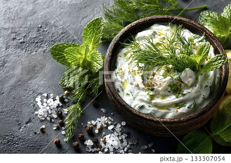 Traditional greek tzatziki dip with fresh herbs and spices on dark background 133307054
