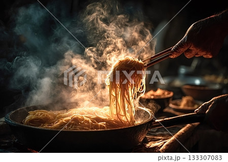 Chef using chopsticks lifting steaming hot spaghetti from wok pan Chef using chopsticks lifting steaming hot spaghetti from wok pan 133307083