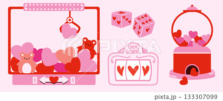 Love machines claw toy machine, gumball dispenser, dice, and slot machine, playful romantic design for Valentine's Day. Love machines claw toy machine, gumball dispenser, dice, and slot machine, playful romantic design for Valentine's Day. 133307099