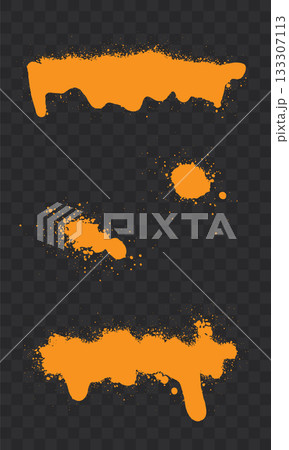 Orange spray paint splatter with drips on transparent checkered background. 133307113