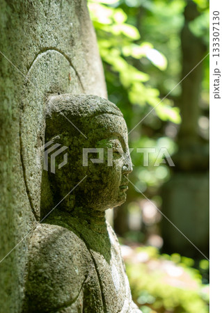 Monk statue in serene Mitaki-Dera temple garden in Hiroshima 133307130