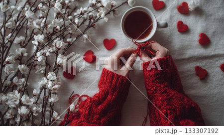 Hands in a red knit sweater holding cup of coffee 133307192