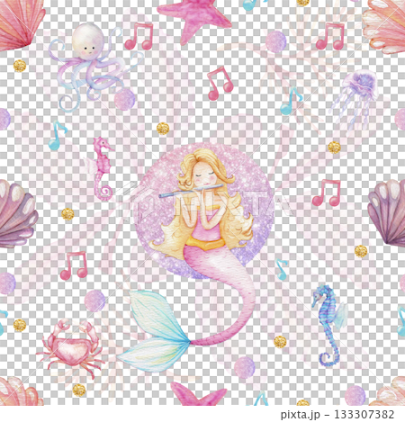 Watercolor seamless pattern with mermaid girl and pastel sea elements 133307382