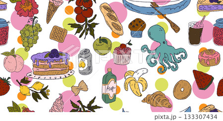 A vibrant seamless pattern featuring food and drink: sweets, fruits, seafood, baked goods, and beverages, all hand-drawn in a sketchy style. Fun, playful, and perfect for packaging and textiles. 133307434